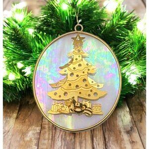 Vintage Christmas Tree Ornament Iridescent Gold Tone Oval 3D